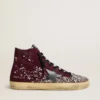 Damen-Sneaker „Francy LAB“ aus burgunderrotem Wildleder mit glänzendem schwarzem Lederstern und Strasssteinen