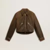 Kurze braune Leder-Bikerjacke für Damen mit Reißverschluss