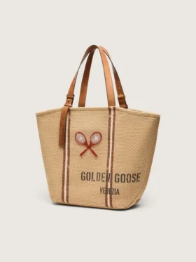 24,7 Tote aus naturbelassener Raffia und braunem Leder mit goldenen Metalldetails