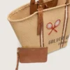 24,7 Tote aus naturbelassener Raffia und braunem Leder mit goldenen Metalldetails