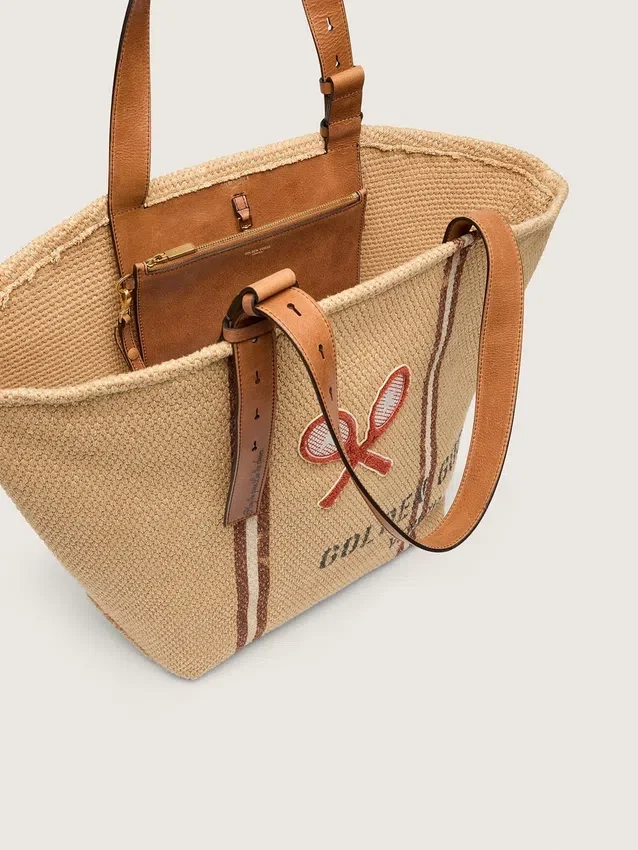 24,7 Tote aus naturbelassener Raffia und braunem Leder mit goldenen Metalldetails