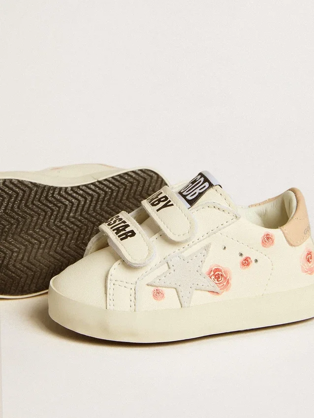 Baby-School-Schuhe aus Nappaleder mit rosa Rosenmotiv und weißem Stern aus Wildleder