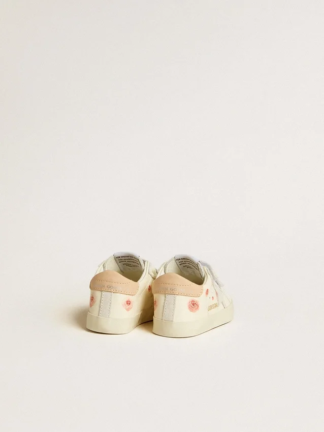 Baby-School-Schuhe aus Nappaleder mit rosa Rosenmotiv und weißem Stern aus Wildleder