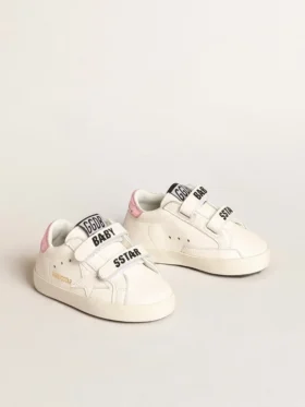 Baby-School-Set aus weißem Nappaleder mit rosa Lederlasche an der Ferse