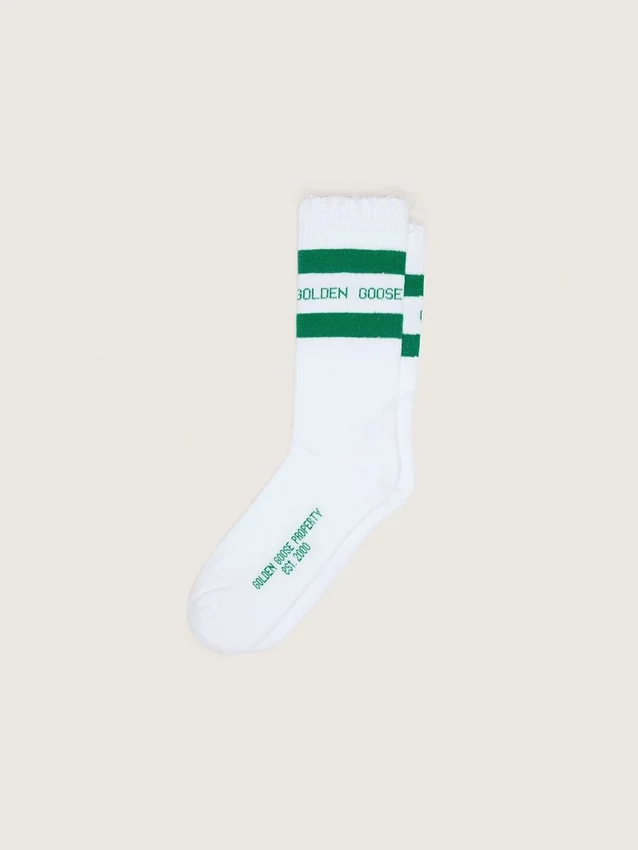 Baumwollsocken mit Used-Optik, grünen Streifen und Logo
