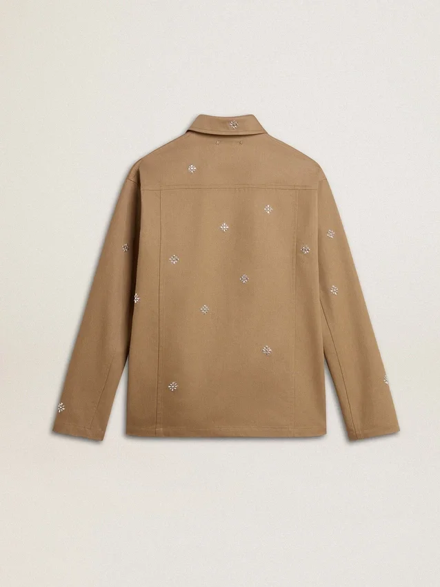 Beige Herrenjacke mit Blumenstickerei und durchgehendem Reißverschluss