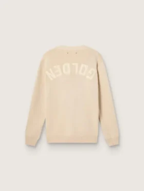 Beigefarbene Herren-Strickjacke mit „Golden“-Schriftzug auf der Rückseite