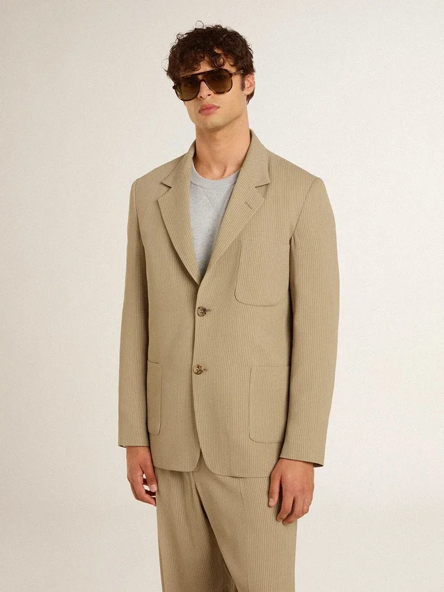 Beigefarbene Nadelstreifen-Einreiherjacke für Herren mit Oversize-Passform