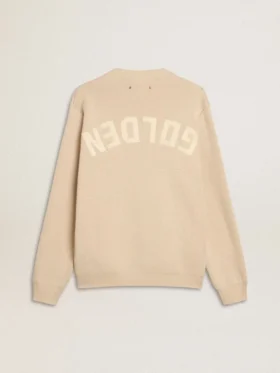 Beiger Herrenpullover mit Rundhalsausschnitt und „Golden“-Schriftzug auf der Rückseite