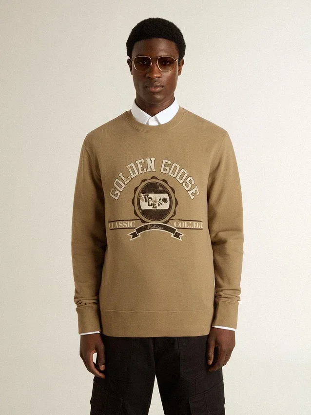 Beiges Herren-Sweatshirt aus Baumwolle mit Aufdruck auf der Vorderseite