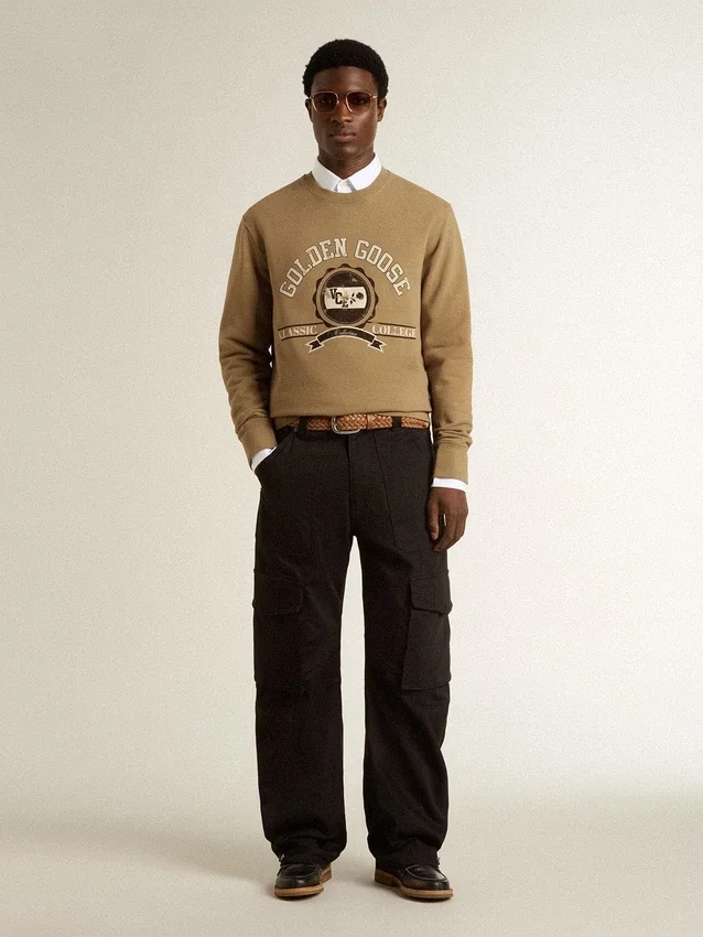 Beiges Herren-Sweatshirt aus Baumwolle mit Aufdruck auf der Vorderseite