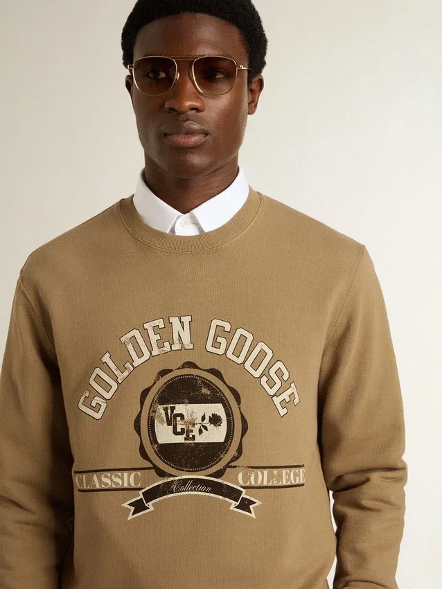 Beiges Herren-Sweatshirt aus Baumwolle mit Aufdruck auf der Vorderseite