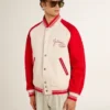 Bomberjacke in Used-Look in Weiß und Rot mit Stickerei