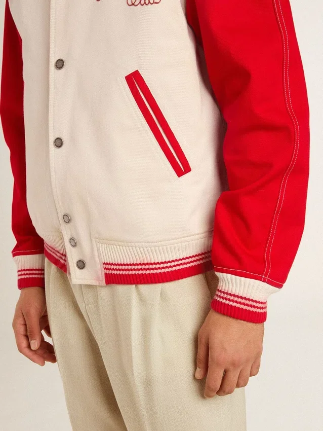 Bomberjacke in Used-Look in Weiß und Rot mit Stickerei