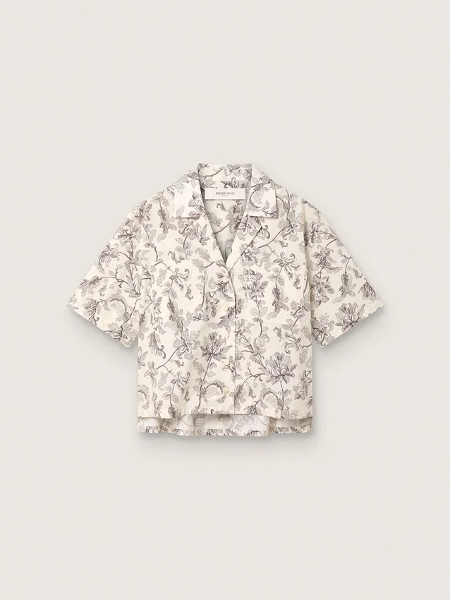 Boxy-Baumwollhemd für Damen mit schwarz-weißem Blumenprint