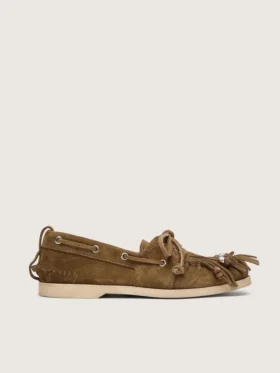 Cruise-Loafer für Damen aus khakifarbenem Wildleder mit Fransen und bunten Perlen