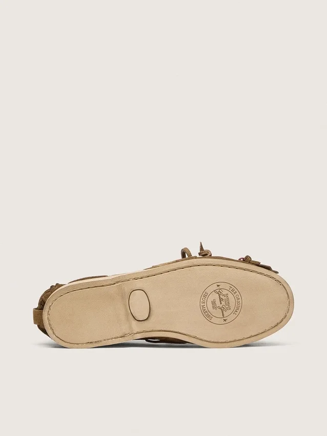 Cruise-Loafer für Damen aus khakifarbenem Wildleder mit Fransen und bunten Perlen