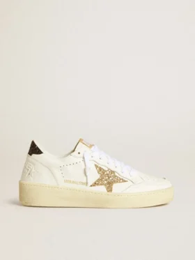 Damen-Ball Star aus weißem Leder mit goldenem Glitzerstern und schwarzer Glitzer-Fersenlasche