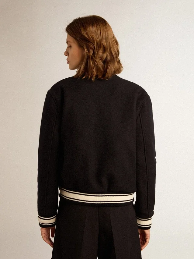 Damen-Bomberjacke aus dunkelblauer Wolle mit weißen Details