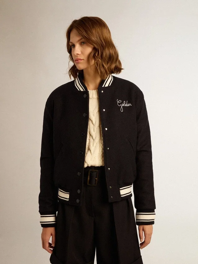 Damen-Bomberjacke aus dunkelblauer Wolle mit weißen Details