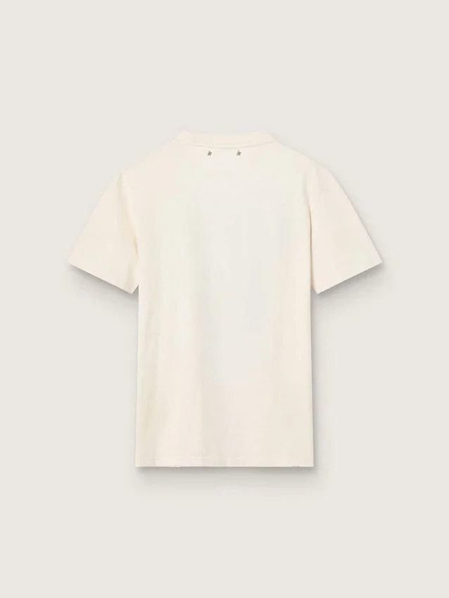Damen-Hemd aus gealterter weißer Baumwolle mit Vintage-Print