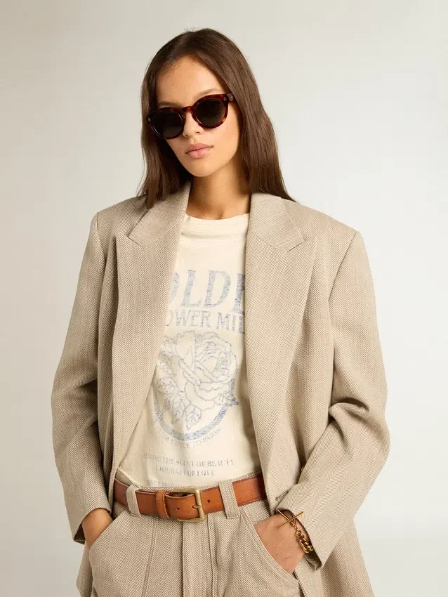 Damen-Hemd aus gealterter weißer Baumwolle mit Vintage-Print