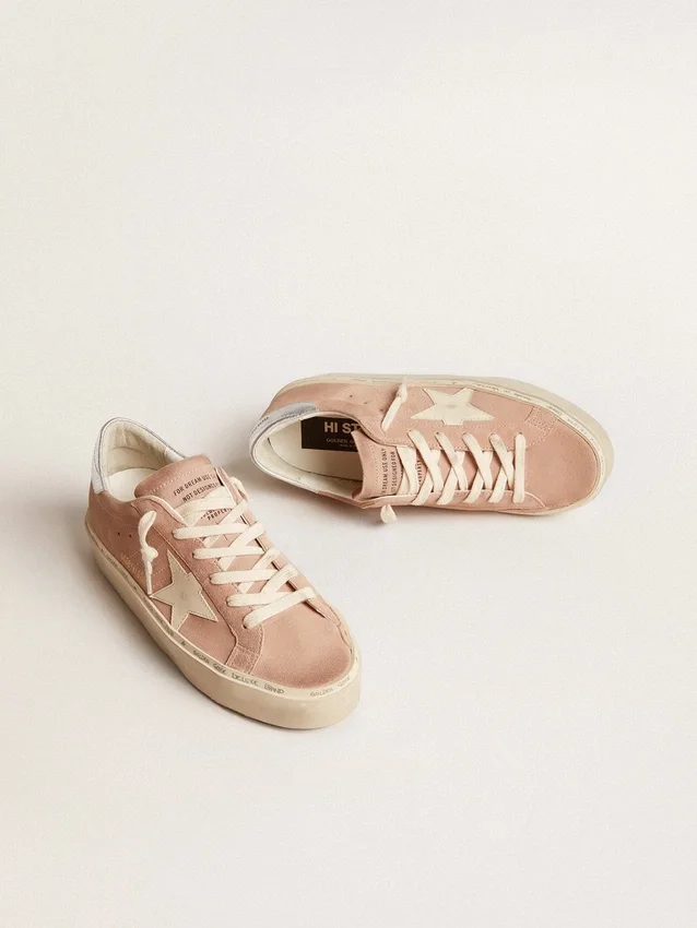 Damen-Hi Star aus rosa Wildleder mit cremefarbenem Stern und silberner Fersenlasche aus Leder