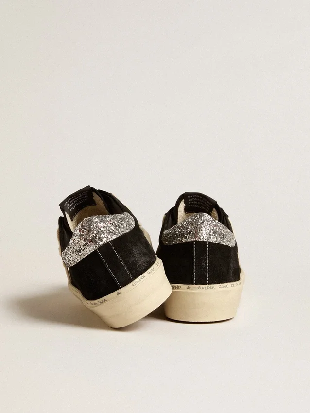 Damen-Hi Star aus schwarzem Leder mit silbernem Glitzer-Fersenlasche