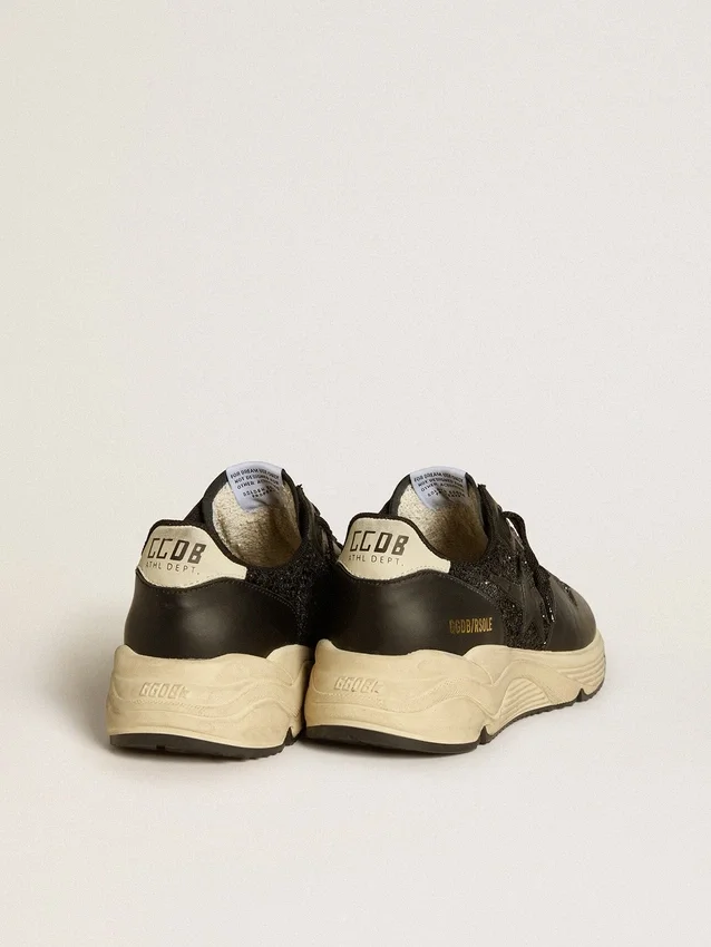 Damen-Laufschuh „Running Sole“ in schwarzem Glitzer mit Lederstern und Fersenlasche aus Nubukleder