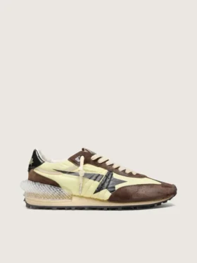 Damen-Marathon aus limettengrünem Nylon mit schwarzem Stern und braunen Wildledereinsätzen