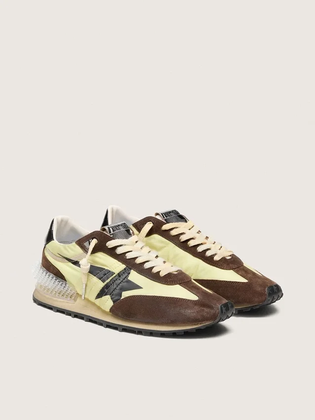 Damen-Marathon aus limettengrünem Nylon mit schwarzem Stern und braunen Wildledereinsätzen