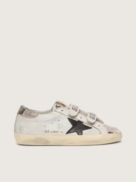 Damen-Old-School-Sneaker aus weißem Leder mit schwarzem Lederstern und Einsätzen im Schlangenprint