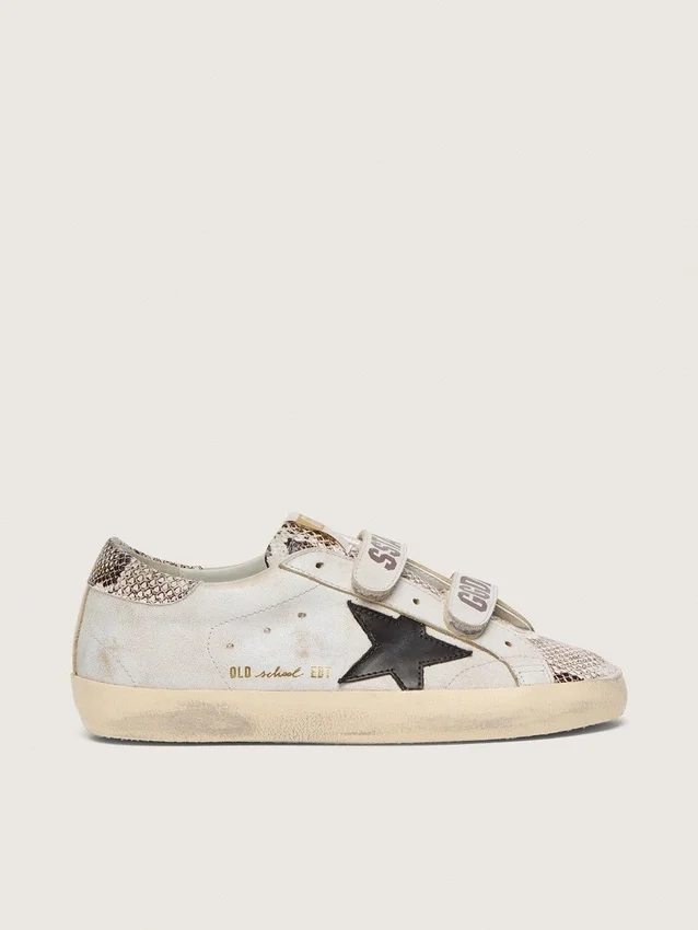 Damen-Old-School-Sneaker aus weißem Leder mit schwarzem Lederstern und Einsätzen im Schlangenprint
