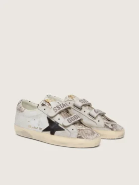 Damen-Old-School-Sneaker aus weißem Leder mit schwarzem Lederstern und Einsätzen im Schlangenprint