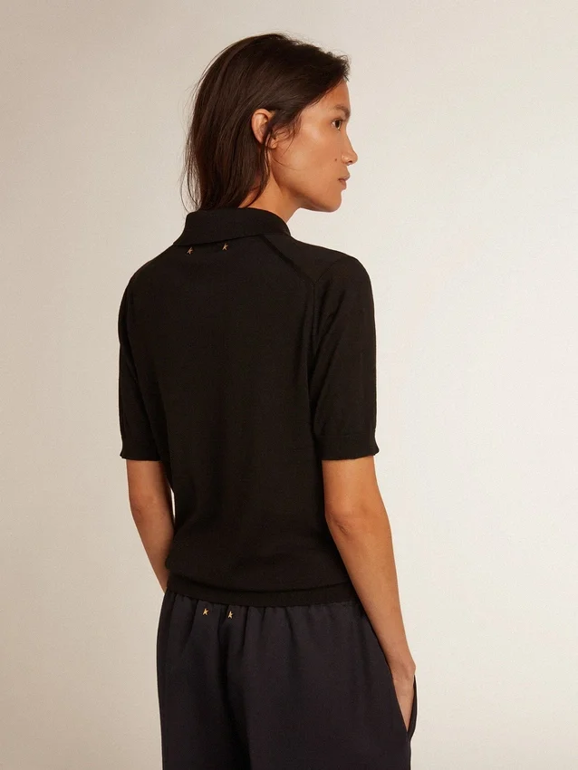 Damen-Poloshirt aus schwarzer Merinowolle