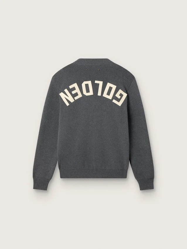 Damen-Pullover mit Rundhalsausschnitt aus dunkelgrauer Baumwolle mit Logo auf der Rückseite