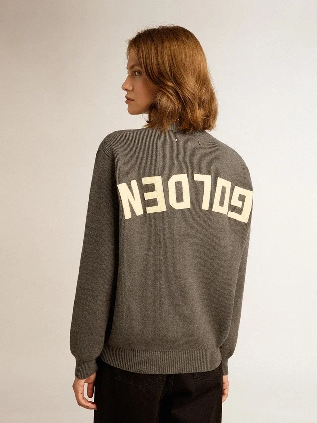 Damen-Pullover mit Rundhalsausschnitt aus dunkelgrauer Baumwolle mit Logo auf der Rückseite