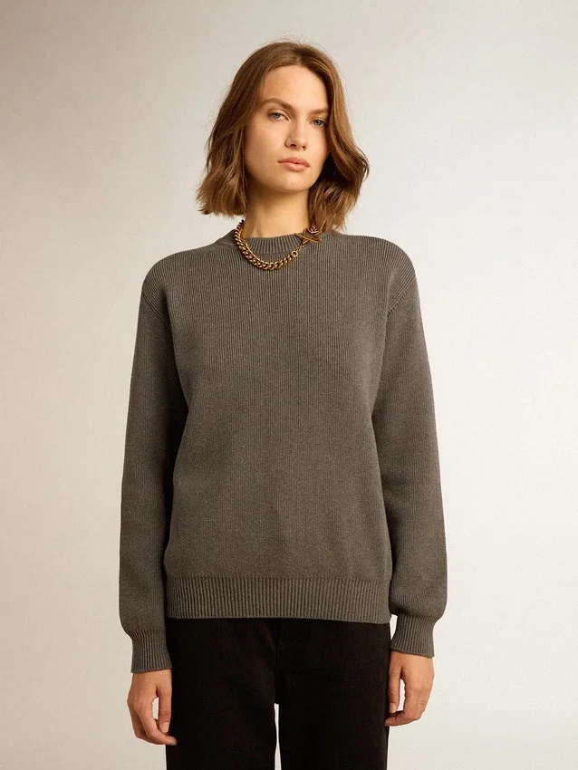 Damen-Pullover mit Rundhalsausschnitt aus dunkelgrauer Baumwolle mit Logo auf der Rückseite