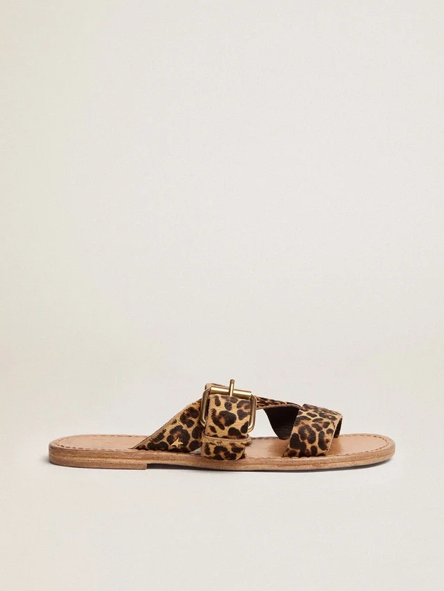 Damen-Sandalen „Margaret“ aus Ponyfell mit Leopardenmuster