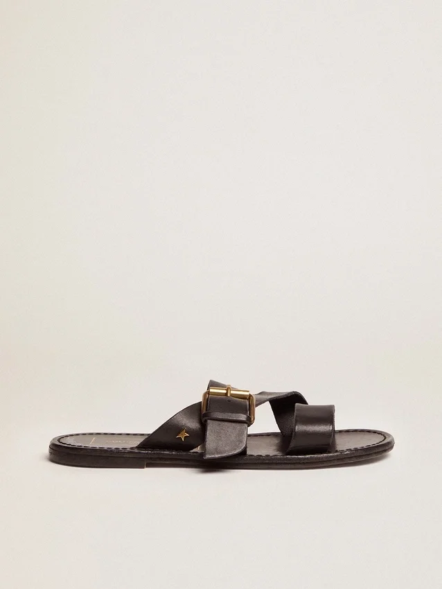 Damen-Sandalen „Margaret“ in Schwarz aus kunstharzbeschichtetem Leder
