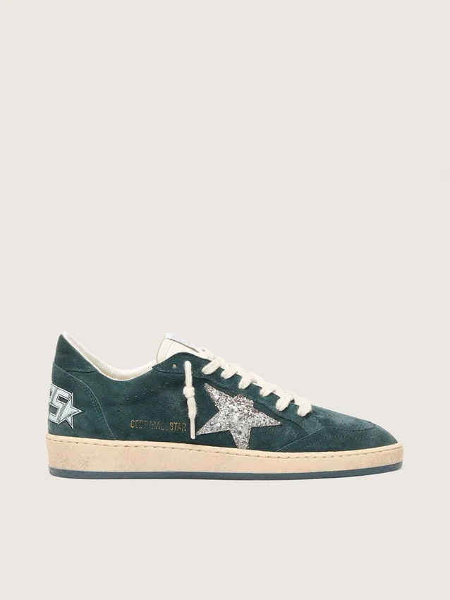 Damen-Sneaker „Ball Star“ aus grünem Wildleder mit silbernem Glitzerstern