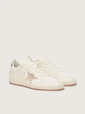 Damen-Sneaker „Ball Star“ aus weißem Leder mit Kristallstern und metallischer Fersenlasche