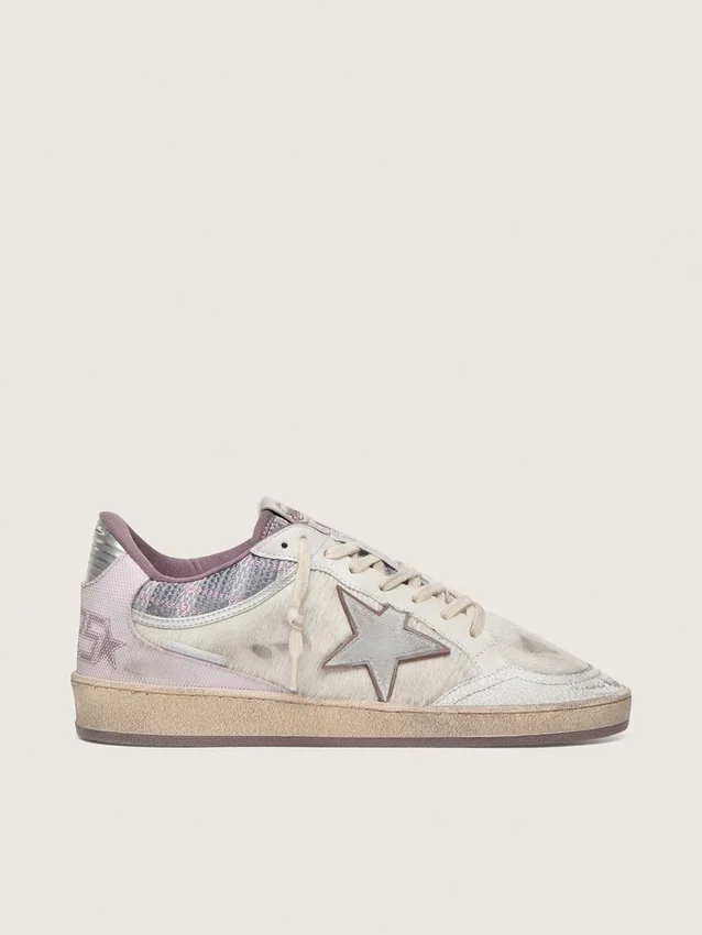 Damen-Sneaker „Ball Star LAB“ aus weißem Nylon und Ponyfell mit silbernem Stern und lila Einsätzen