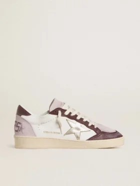 Damen-Sneaker „Ball Star LTD“ aus Nappaleder mit platinfarbenem Lederstern und burgunderroter Fersenlasche aus Nubukleder