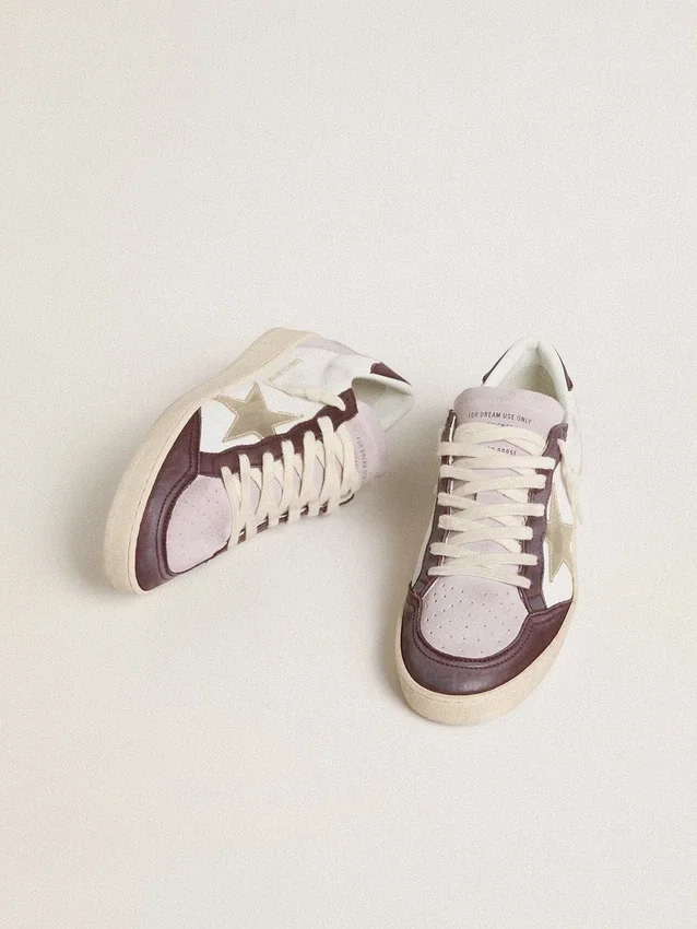 Damen-Sneaker „Ball Star LTD“ aus Nappaleder mit platinfarbenem Lederstern und burgunderroter Fersenlasche aus Nubukleder