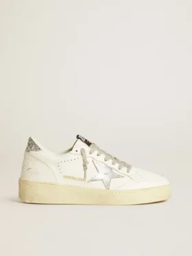 Damen-Sneaker „Ball Star“ mit silbernem Lederstern und silberner Glitzer-Fersenlasche
