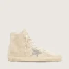 Damen-Sneaker „Francy“ aus beigem Wildleder mit silbernem Glitzerstern