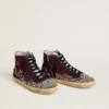 Damen-Sneaker „Francy LAB“ aus burgunderrotem Wildleder mit glänzendem schwarzem Lederstern und Strasssteinen