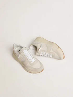 Damen-Sneaker „Running Sole“ aus Canvas mit beigem Stern und Fersenlasche aus platinfarbenem Metallic-Leder