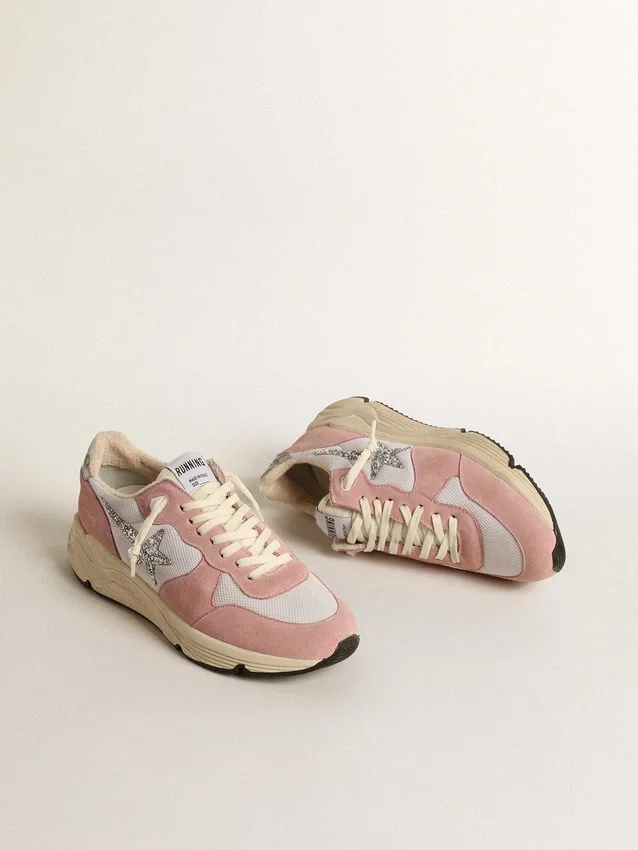 Damen-Sneaker „Running Sole“ aus grauem Mesh und Wildleder mit silbernem Glitzerstern